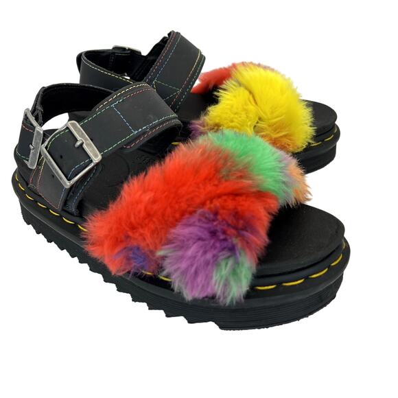 Dr. Martens Voss II Fluffy Platform Sandals Rainbow Faux Fur Buckle Straps 6 - Picture 1 of 8